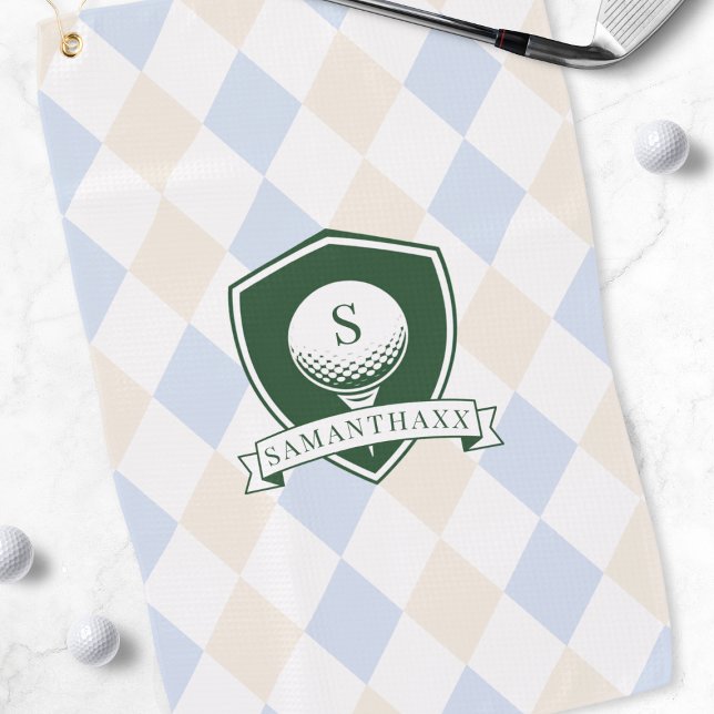 Toalla De Golf Pelota de Golf Verde con Patrón Azul Moderno Monog (Modern Blue Pattern Green Golf Ball Name Monogram Towel)