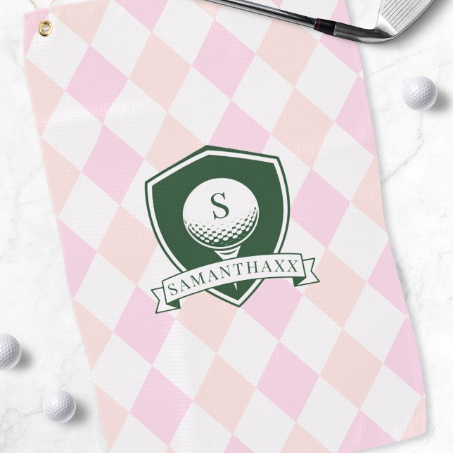 Toalla De Golf Pelota de Golf Verde con Patrón Rosa Moderno Monog (Modern Pink Pattern Green Golf Ball Name Monogram Towel)