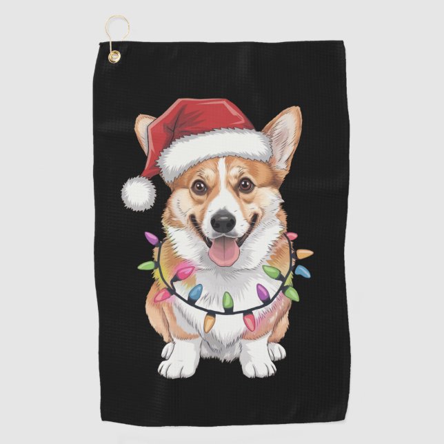 Toalla De Golf Pembroke Welsh Corgi Santa Christmas Tree Lights (Anverso)