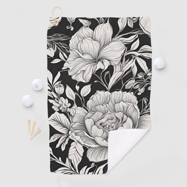 Toalla De Golf Peonies Black & White Vintage Pattern (In situ)