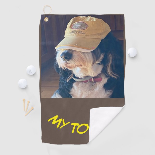 Toalla De Golf Perro Bernedoodle con gorra de golf amarilla foto (In situ)