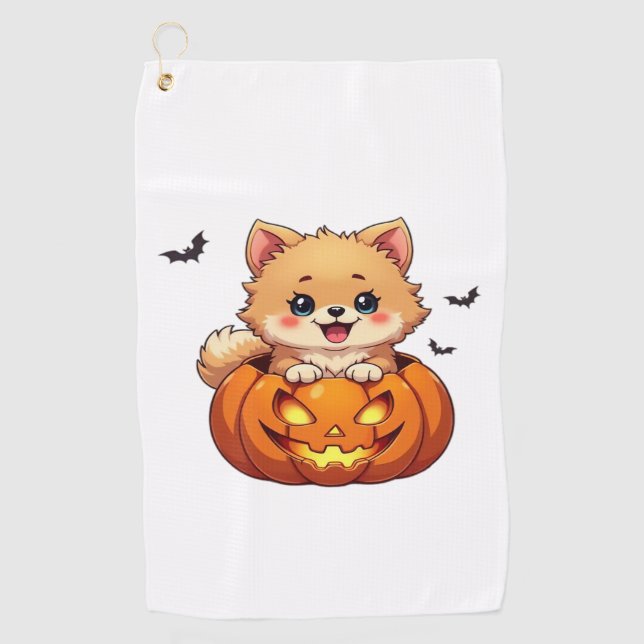 Toalla De Golf Perro de Pomerania Feliz calabaza de Halloween Cla (Anverso)