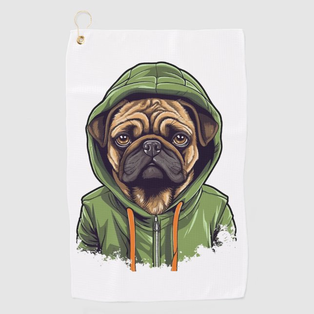 Toalla De Golf Perro de Pug con capucha verde (Anverso)