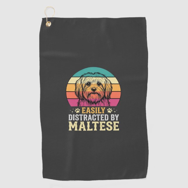 Toalla De Golf Perro maltés distraído en puesta de sol retro (Anverso)