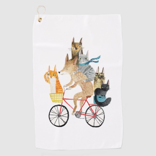 Toalla De Golf Perro y gatos en bicicleta (Anverso)