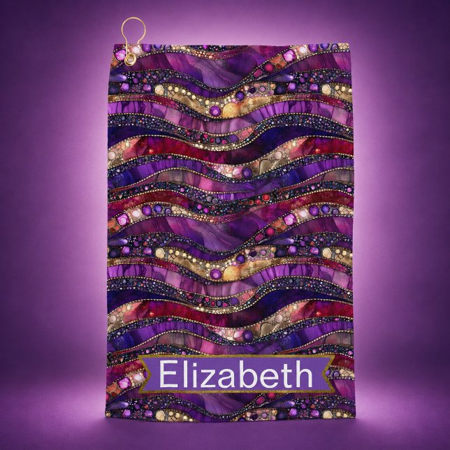 Toalla de Golf Personalizada con Estratos de Joyas (Glam purple and gold faux jeweled strata personalized golf towel for women.)
