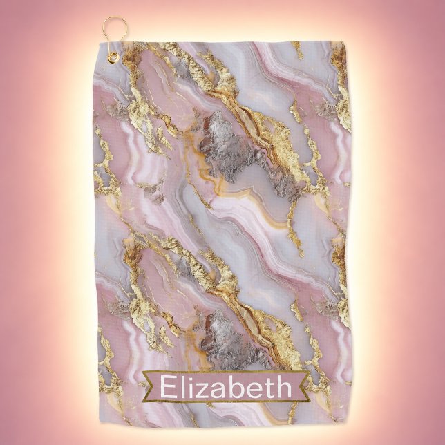 Toalla de Golf Personalizada con Patrón de Ágata e (Modern Rose Gold Agate Patterned and Personalized Golf Towel For Women)