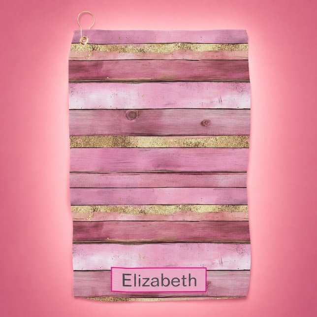 Toalla de Golf Personalizada de Madera Rústica Fal (pink and gold faux rustic wood personalized golf towel for women)