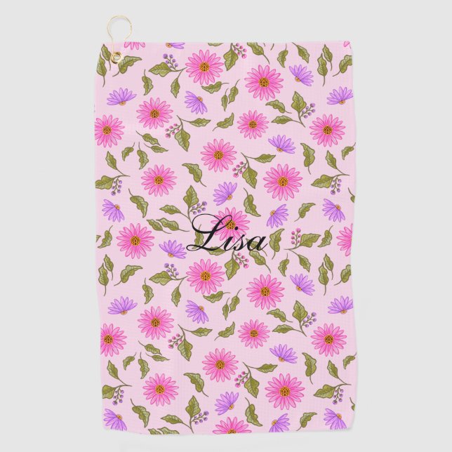 Toalla de golf personalizada Pink Lacy Daisy (Anverso)