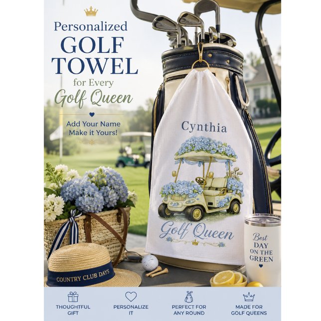 Toalla de Golf Personalizada Reina Hydrangea (Elegant personalized golf towel gift for women, tournaments, birthdays, prizes & country clubs.)