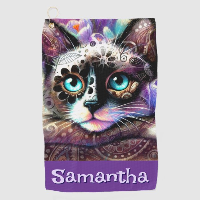 Toalla De Golf Personalizado crocus floral de gato blanco gitano  (Anverso)