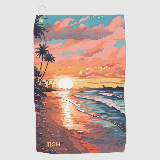 Toalla De Golf Personalizado Monograma Tropical Beach Sunset (Anverso)