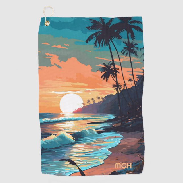 Toalla De Golf Personalizado Monograma Tropical Beach Sunset (Anverso)
