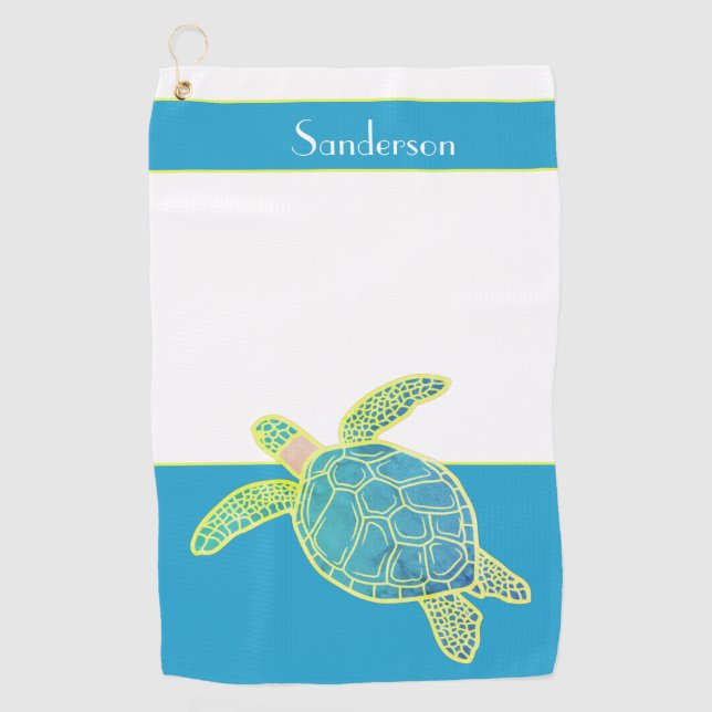 Toalla De Golf Personalizado Nautical Coastal Turtle Verde azulad (Anverso)