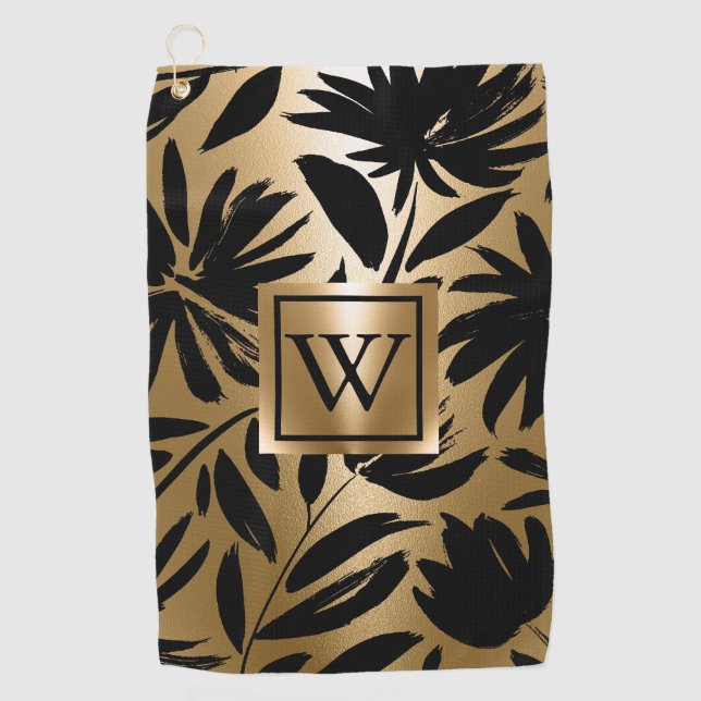 Toalla De Golf Pincel floral negro y dorado (Anverso)