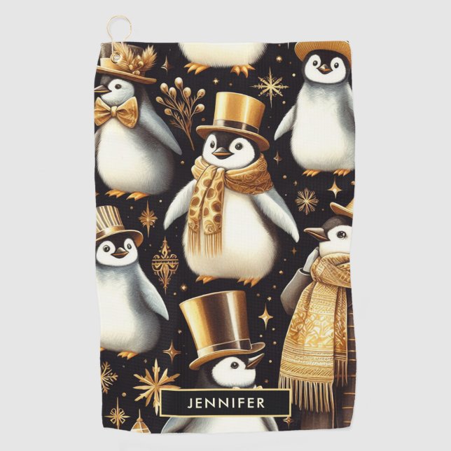 Toalla De Golf Pingüino negro y dorado (Anverso)