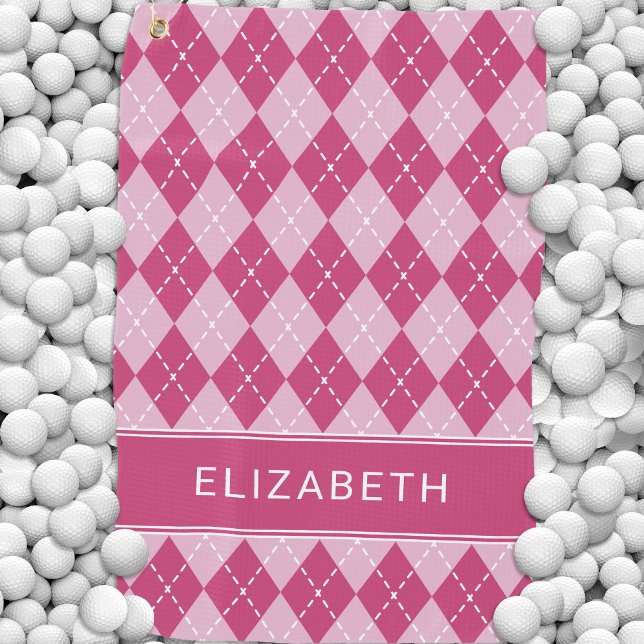 Toalla De Golf Pink Argyle Plaid Custom Name Monogram  (Pink Argyle Plaid Custom Monogram Name Classic Golf Towel)