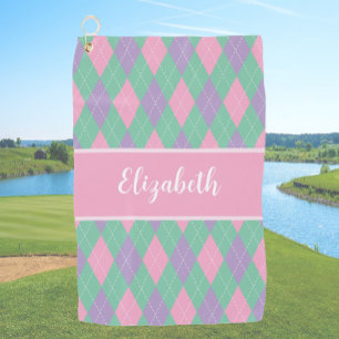 Toalla De Golf Pink green púrpura preppy argyle nombre personaliz