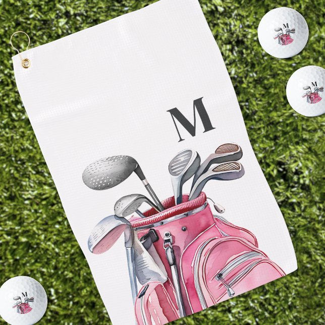 Toalla De Golf Pink Watercolor Initial Monogram (Pink Watercolor Initial Monogram Golf Towel)