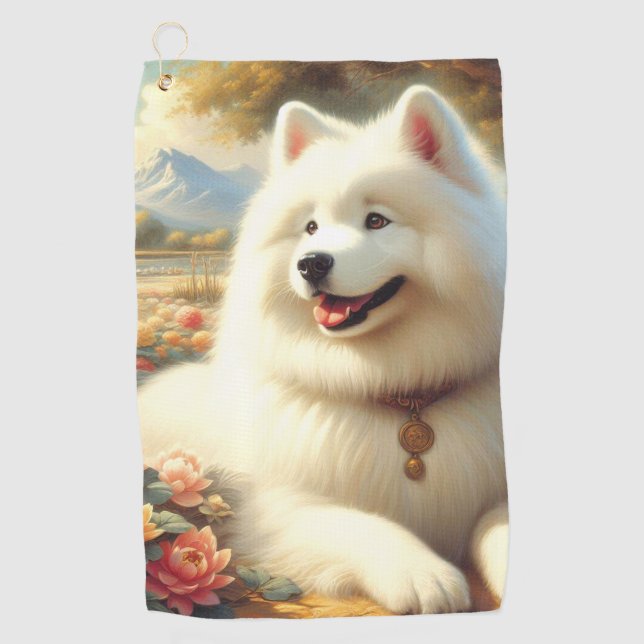 Toalla De Golf Pintura de perro de Samoyed de época (Anverso)