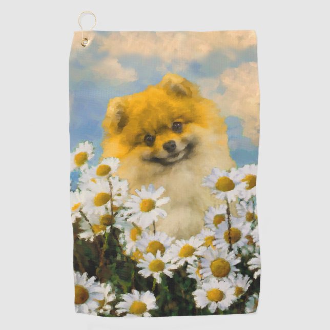 Toalla De Golf Pomerania en pintura de Daisies - Arte de perro or (Anverso)