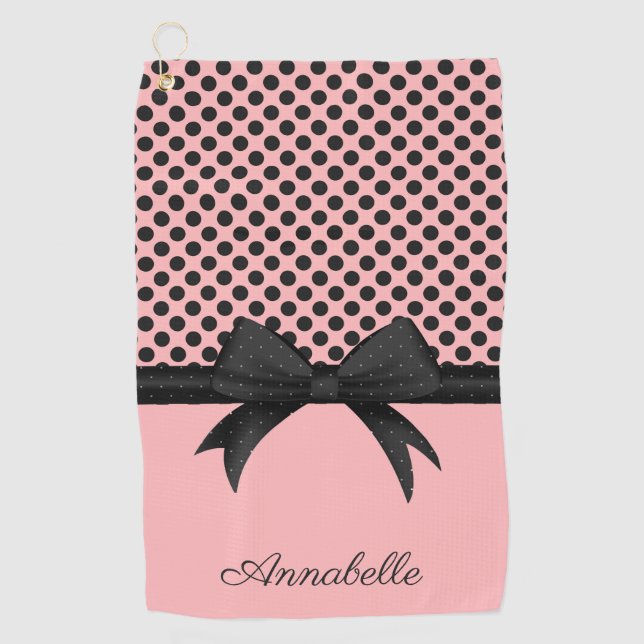 Toalla De Golf Puntos rosados negros y cinta de opciones (Anverso)