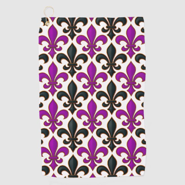 Toalla De Golf Purple Black Baroque Fleur-de-lis Pattern Design  (Anverso)