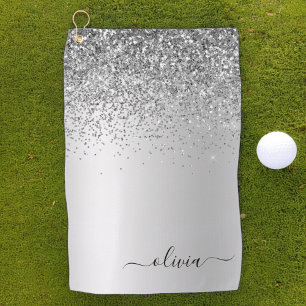 Toalla De Golf Purpurina de Monograma Plateado Sparkle Girly Scri