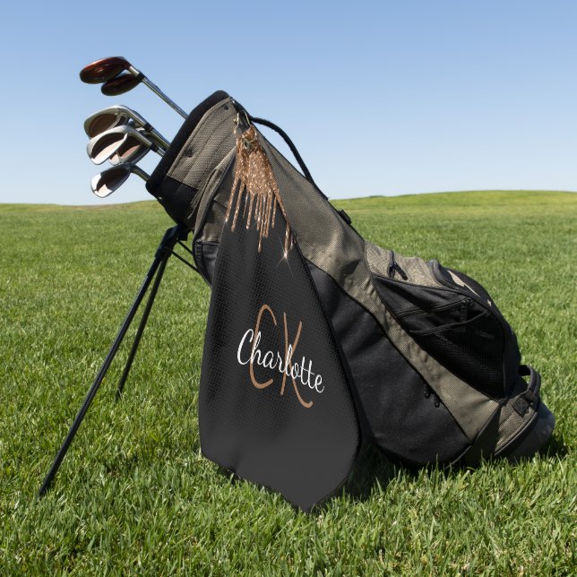 Toalla De Golf Purpurina de oro negro gotea nombre de monograma (Verde)