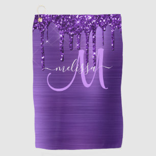 Toalla De Golf Purpurina gotero morado cepillado Monograma Metali