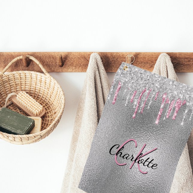 Toalla De Golf Purpurina plateado gotea monograma metalizado de p (Subido por el creador)