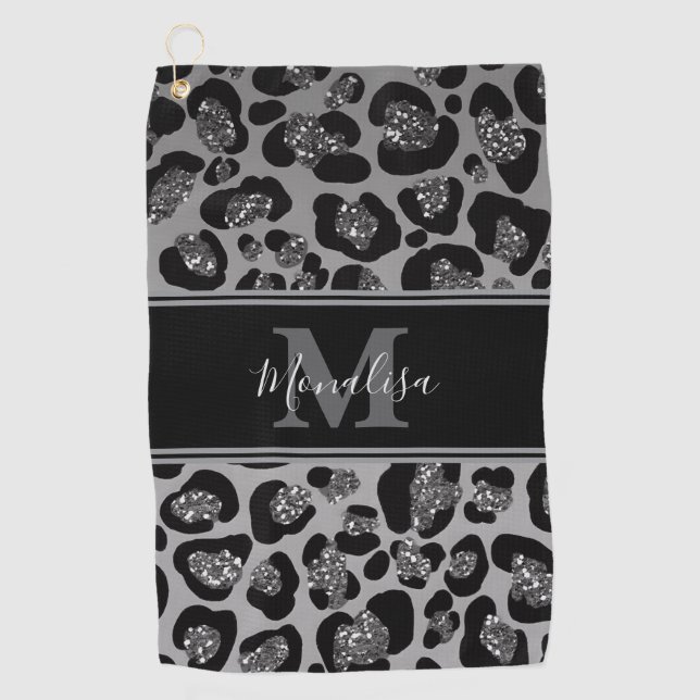 Toalla De Golf purpurinoso negro y plateado monogramado personali (Anverso)