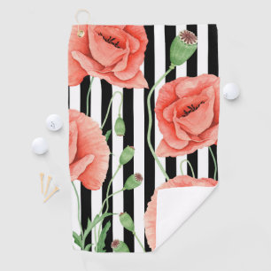 Toalla De Golf Rayas negras rojas de las amapolas elegantes