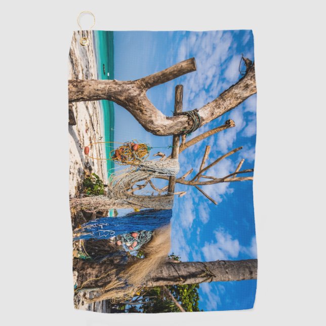 Toalla De Golf Redes de pesca que se secan en la playa (Anverso)