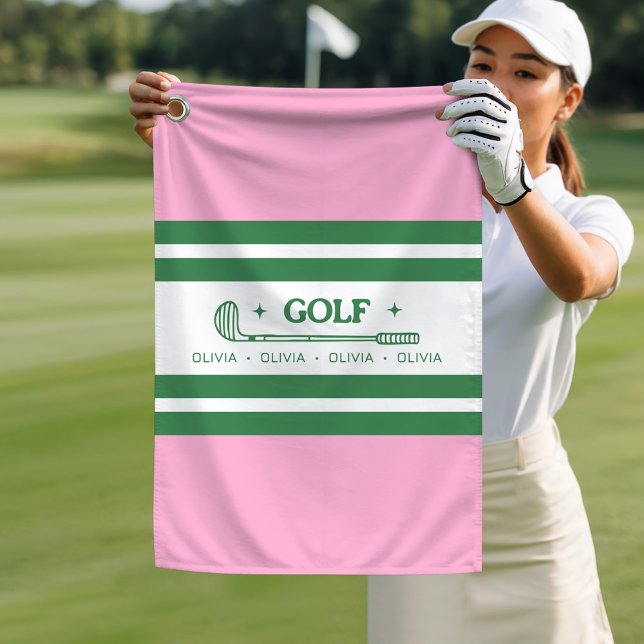 Toalla De Golf Regalo retro personalizado de rayas rosadas y verd (Subido por el creador)
