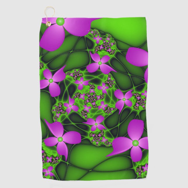 Toalla De Golf Resumen Flores de arte fractal verde rosado neón (Anverso)