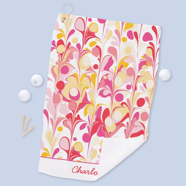Toalla De Golf Resumen Patrón retro Pink personalizado (Modern retro marble pattern pink personalized name golf towel)
