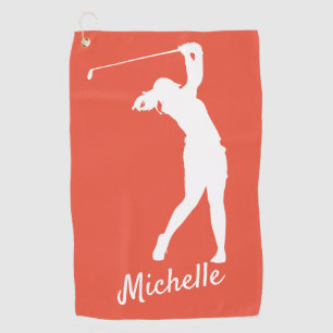 Toalla De Golf Rojo naranja "golfista Michelle", agradecido por e