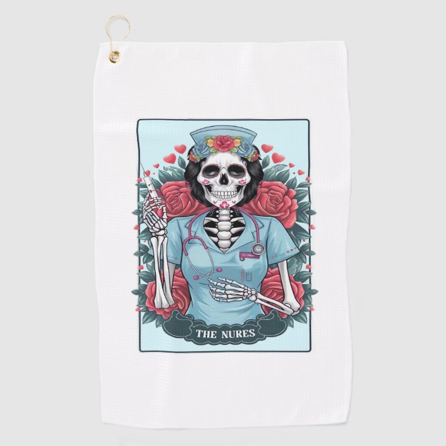 Toalla De Golf Rosa floral Skeleton Enfermera Tarot Card Hallowee (Anverso)