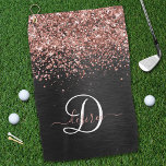 Toalla De Golf Rosa personalizado Purpurina de oro Monograma de e<br><div class="desc">Personalice fácilmente este elegante diseño de toallas de golf de moda con un purpurina rosa de oro brillante sobre un fondo metálico negro cepillado.</div>