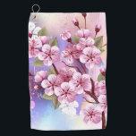 Toalla De Golf Sakura rosa sobre fondo de pintura<br><div class="desc">Dibujado artísticamente,  rama de rosa,  flores de cerezo sobre fondo pintoresco,  texturizado,  pintado con pintura blanca,  rosa y azul. Pink Sakura</div>