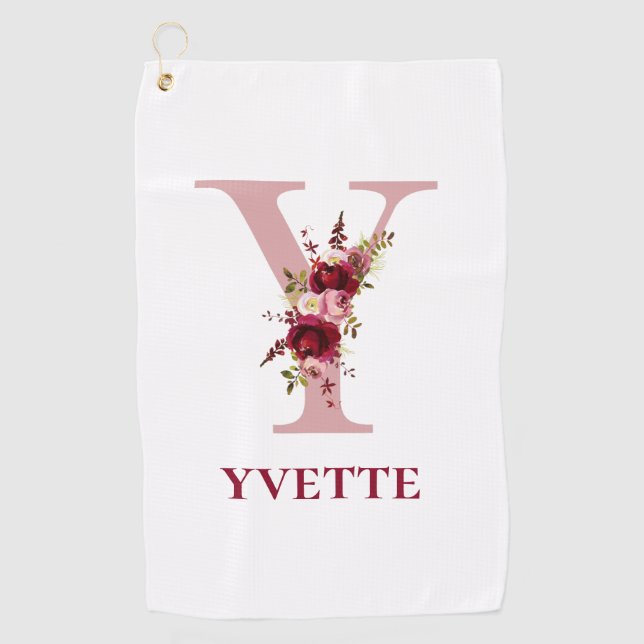 Toalla De Golf Señoras Rubor Floral rosa inicial Y y nombre (Anverso)