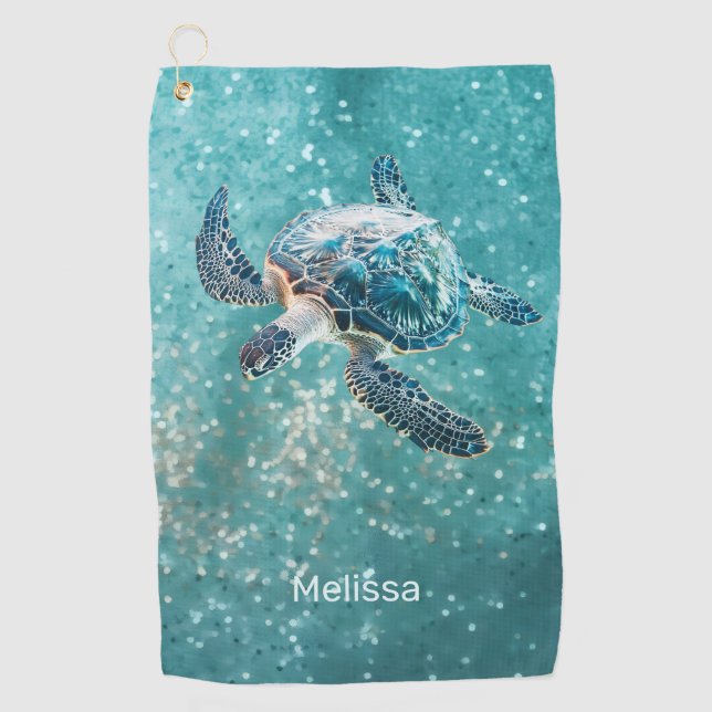 Toalla De Golf Shimmering Turquoise Sea Turtle | Coastal (Anverso)