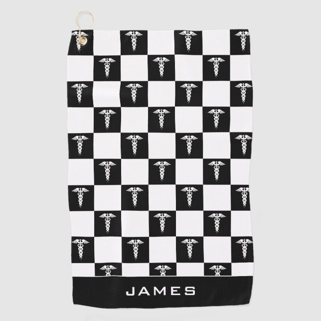 Toalla De Golf Símbolo médico personalizado negro y blanco Caduce (Anverso)