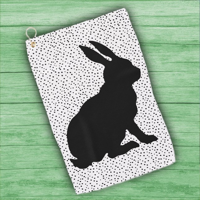 Toalla De Golf Sitting Black Rabbit Side Profile Polka Dots (Black Silhouette sitting rabbit on white with black polka dots golf towel.)