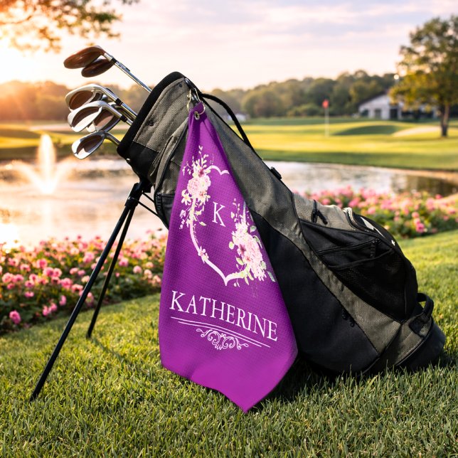 Toalla De Golf Soft Pink Feminine Botanical Crest Purple Monogram (pink floral purple crest golf towel)