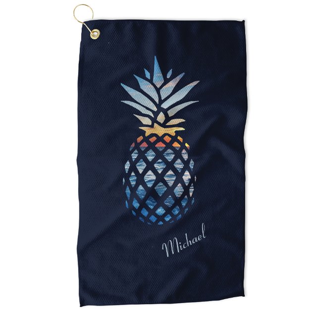 Toalla De Golf Sunset Beach Pineapple Personalizado (Tropical Pineapple Navy Blue Personalized Golf Towel)