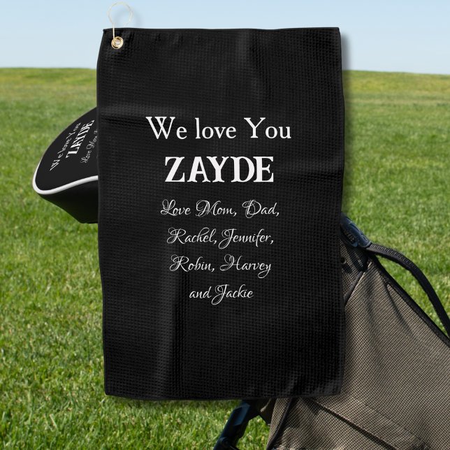 Toalla De Golf Te queremos ZAYDE Regalo Nietos Judíos Abuelo Nomb (We Love You ZAYDE - Gift for Jewish Grandpa with Family/Kids Names Golf Towel.)