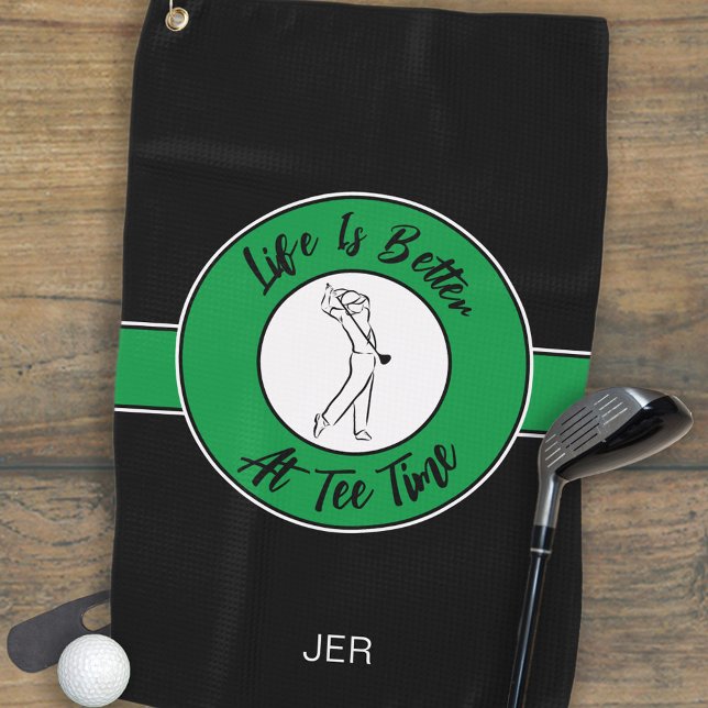 Toalla De Golf Tee Time Golfer Humor Deportes Monograma Verde Neg (Tee Time Golfer Humor Sports Monogram Black Green Golf Towel)
