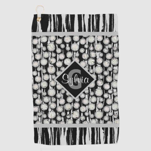 Toalla De Golf Tiras de monograma de puntos de polka negro y gris (Anverso)